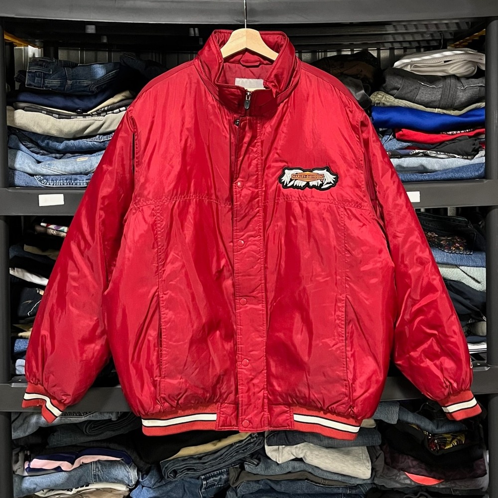 Harley Davidson Puffer Jacket Full Zip Mens Large Red Reebok Embroidered Vintage